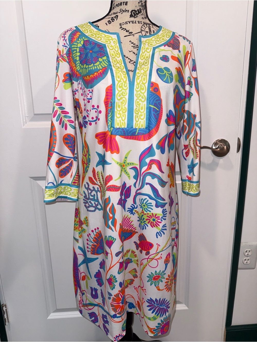 Gretchen Scott Sea Life Print Dress M White Multicolor Coastal Resort Stretch